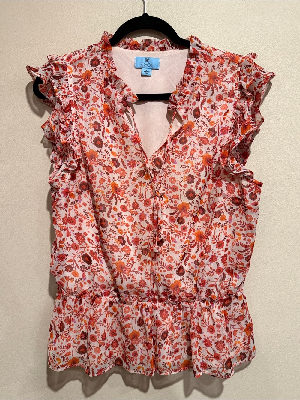 CeCe Pink & Orange Floral Ruffle Peplum Top Spring Cruise Ready Picnic Date